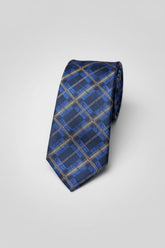 Navy blue and gold plaid silk tie for formal and business occasions.